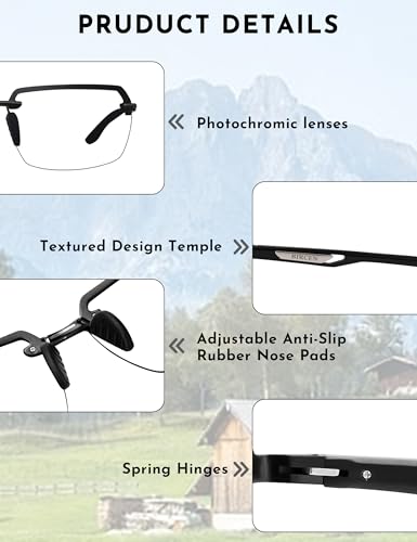 Image of BIRCEN Mens Metal Photochromic Sunglasses: UV Protection Al-Mg Sun Glasses Ultra-light Rimless Shades for Driving Cycling