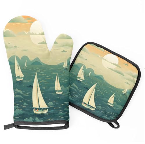 Maritime Sailing Cloud Oven Mitts Kitchen Oven Gloves for Cooking Baking Heat Proof Lining Cotton Kitchen Potholder Mittens Pot Holders Hot Pads for Chef Women Men
