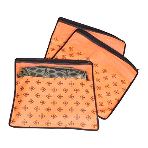 Image of PrettyKrafts Non Woven Saree Covers with ZIP - Pack of 3, Size(16 × 14 Inches) Single Sari Storage Bags/Cover/Pouches for Packing New Sadi - Wardrobe Organizer for Sarees/Cloths With Window, Orange