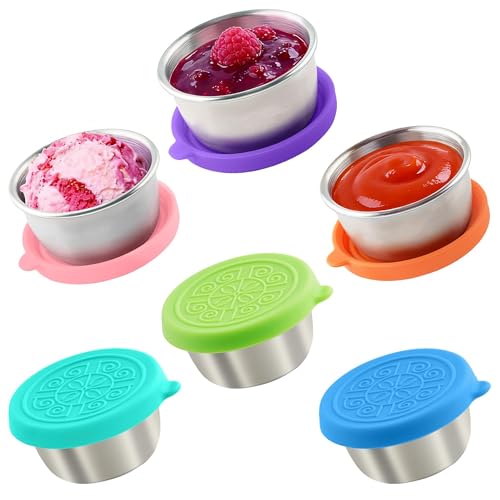 Furkoazki 6 Pack Stainless Steel Sauce Pots with Silicone Lids - 1.6 oz (45 ml) Condiment Pot Leakproof Reusable Salad Dressing Containers for Lunch Boxes Travel Meal Prep Kitchen Storage