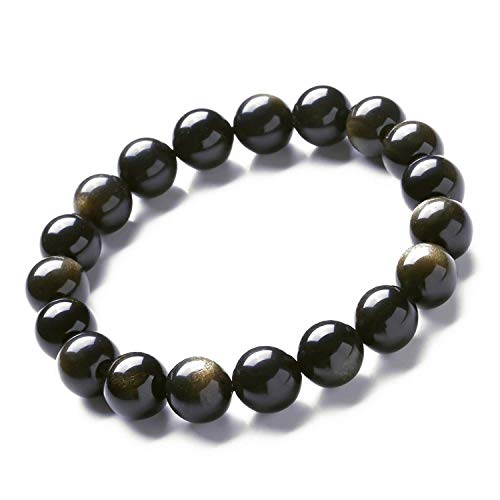 Bracelet perles obsidienne or cristal naturel 10mm pour homme et femme