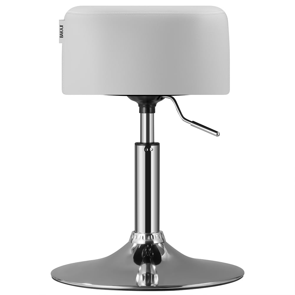 BAKAJI Sgabello Make Up per Toeletta Trucco Design Rotondo, Struttura Robusta Girevole a 360° Regolabile Altezza, Seduta Comoda e Imbottitura Alta Densità Ergonomica, Sedia Rivestimento Pelle (Bianco)