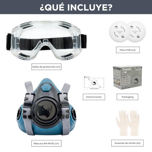 RHINO Smart Solutions Atemschutzmaske Staub RH-M102 | Atemschutz Respirator Mask P3R FFP3 Filter mit Schutzbrille | Gas Maske für Feinstaub, Lackierer, Schimmel, Artbeiten, Schleifen