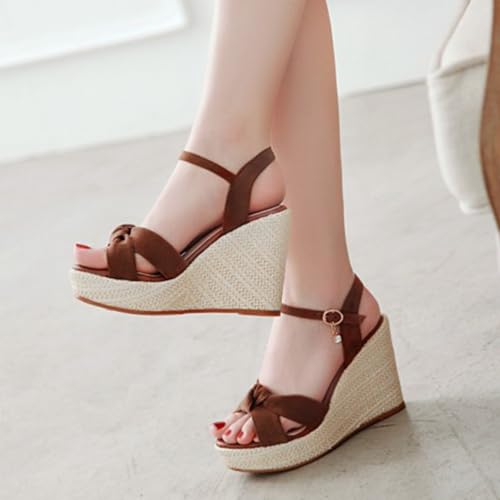 Sandales plateforme espadrille suédine compensées femme avec bride cheville nœud papillon bout rond