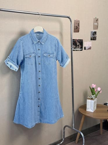 Image of chouyatou Women's Summer Short Sleeve Denim Shirt Dress Business Casual Button Down Midi Long Jean Dress