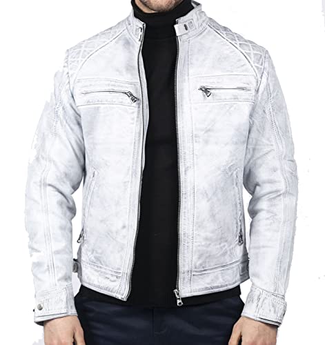 TruClothing Blouson pour Homme Style rétro Biker Fermeture éclair Cuir véritable Doux - Blanc M