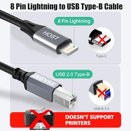 agvee 5ft lightning otg midi cable usb type-b cord compatible with iphone ipad ios for electronic music instrument piano midi controller midi keyboard audio interface recording dark gray