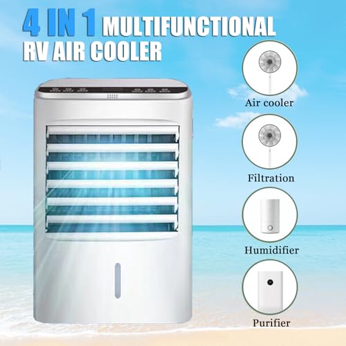 Aire acondicionado para vehículos recreativos, enfriador evaporativo, ventilador portátil 4 en 1 con control remoto, 4 bolsas de hielo, 3 velocidades, enfriador para camiones, automóviles y autobuses