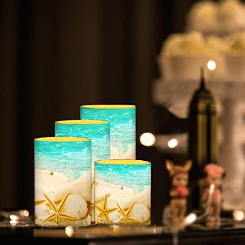 Image of Beach Starfish Seashell Flameless Light Candles Battery Powered with Timer Remote Color Chaging Pillar Fake Candles Pack of 4 for Wedding Home Outdoor Decor
