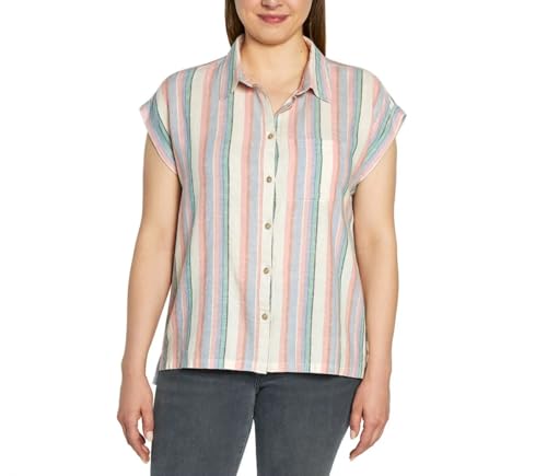 Orvis Tops for Women - Linen Blend Womens Short Sleeve Shirts - Button-Up with Collar - Dressy Casual (US, Alpha, X-Large, Regular, Regular, Multi Stripe/Pink)
