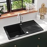 Lumanois Granitspüle mit Abtropffläche Reversibel Schwarz,17.95kg,141669