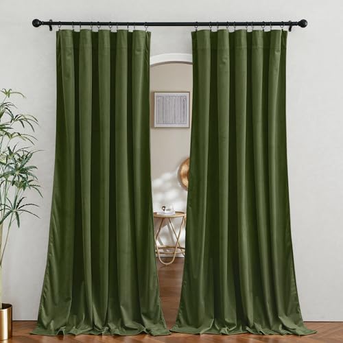 Image of RYB Home Olive Green Velvet Curtains - Blackout Thermal Insulated Large Window Curtains for Living Room Office Guest Room, W62 x L96, Beige, 2 Panels Set