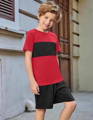 Image of Arshiner Boys' 2-Piece Cotton Outfit Color Block T-Shirt and Shorts Set Summer Camo Clothes for Kids 5-14 Years