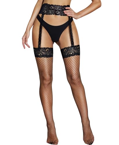 RSLOVE Fishnet Stockings for Women - Sexy Thigh High Fishnets High Waist Garter Belt Silicone Suspender Pantyhose Black