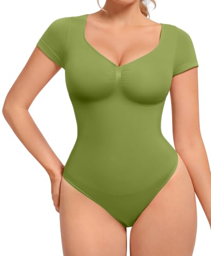 Image of FeelinGirl Short Sleeve Shapewear Bodysuit for Women V Neck Tummy Control | Sweetheart Neckline, Seamless, Going Out Tops, Thong, Plus Size, Soft