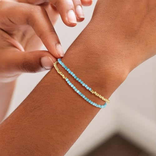 OSIANA Dual-Strand Gemstone Bracelet for Women, 14K Gold Plated Layered Natural Stone Beads Boho Handmade Summer Jewelry2