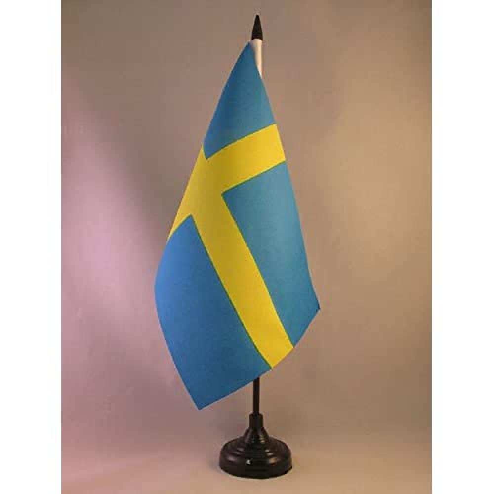Drapeau De Table Suède 15x10 Cm - Mini Drapeau Suédois Avec Socle Noir - Déco Bureau