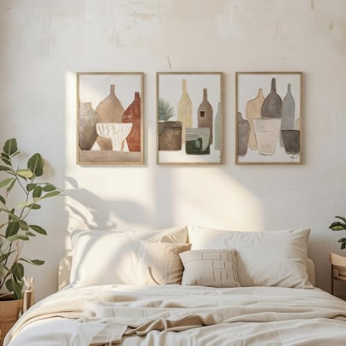 Image of Livin'luxe Set of 3 Abstract Bottle Wall Art Premium MDF Wooden Color Framed HD UV Printed Modern Minimal Decorative Painting for Living Room Bedroom Home Decor 13.5 Inch x 19.5 Inch