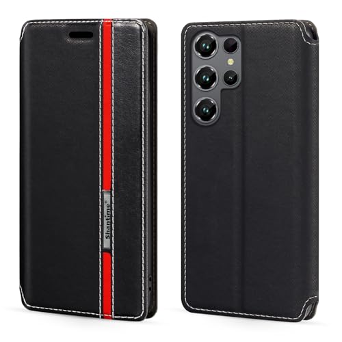 Shantime クラシックストライプレザー風ケース Oukitel C61 Pro との互換性あり 隠しマグネット カード収納 コントラスト配色デザイン(ブラック)