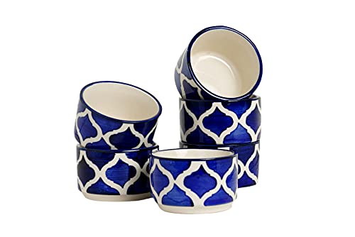 Image of Handpainted Moroccan /Umrao Pattern Ceramic Dip Bowl Set - Chutney, Pickle, Sauce Small Katori in Round Shape (40 ML, Set of 6, Blue & White)