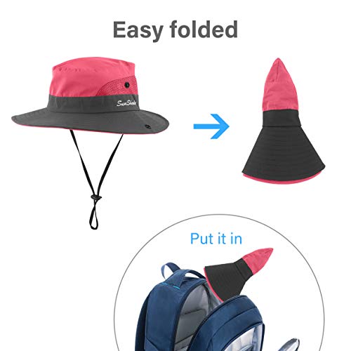 3 Pieces Womens Ponytail Wide Brim Sun Hat Packable Uv Protection Beach Cap For Fishing & Hiking (Purple＆Watermelon Red＆Sky Blue) #TOP5