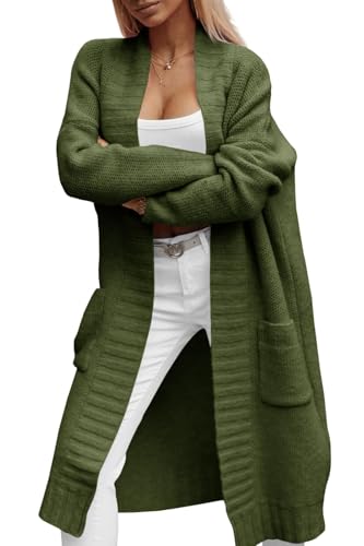 Imily Bela Cárdigan largo de punto grueso para mujer, con bolsillos, abrigo de punto de invierno, suéter frontal abierto, verde militar, M