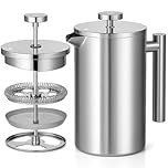 Red Ember Stainless Steel French Press 1L Cafetiere – Double Wall Insulated Coffee Maker, Unbreakable & Rust-Proof with 3-Layer Filter for Smooth, Rich Brew – Ideal for Home, Camping & Gifts