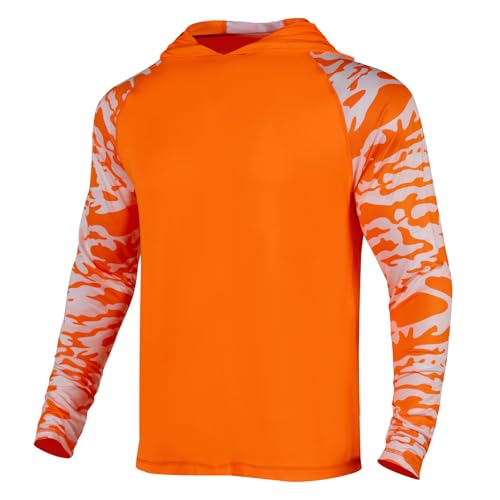 Drizomo Mens Fishing Shirt with Hood,UPF 50+ Sun Protection Hoodie Camo Long Sleeve Shirts High Visibility Safety Quick-Dry T Shirt(Orange,L)