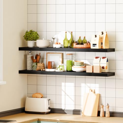 Image of HOOBRO Floating Shelves for Wall, Wall Mounted Shelf Set of 2, 47.2 inch Hanging Shelf with Invisible Brackets, for Wall Decor Storage in Bathroom Bedroom Kitchen Living Room Office, Black BK120BJP201