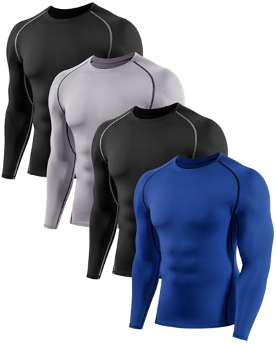 4 Pack Men's Long Sleeve Compression Base Layer Top Quick Dry Long Sleeve Running Top Mens Tight Baselayer Tee Shirts All Season for Running Training