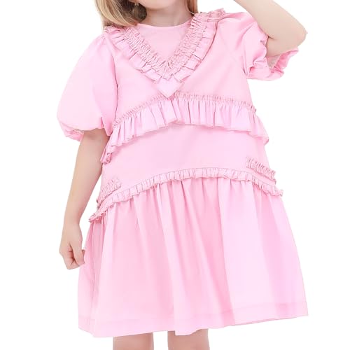 Erasers&pencils Girls Short Puff Sleeve Princess Summer Party Casual Dresses Elegant Ruffle 100% Cotton