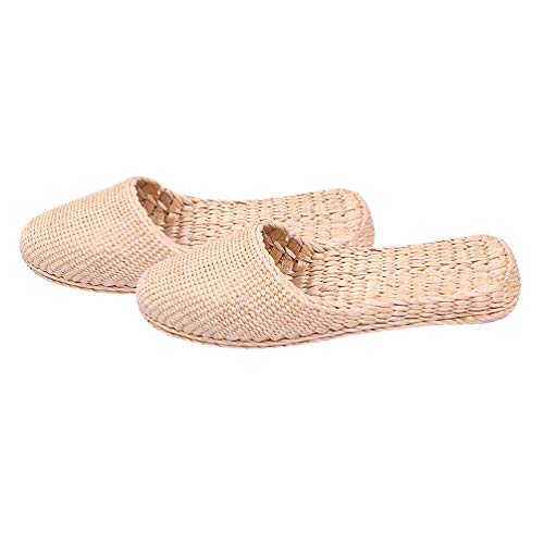 Straw Sandals Slippers Handmade Casual Sandals Rattan Woven Slipper Shoes Natural Straw Massage Flat Shoes Summer Braided Sandals for Indoor Outdoor (Light Yellow