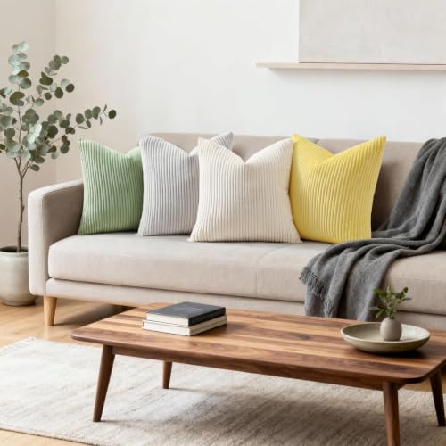 Image of Mecatny Corduroy Decorative Throw Pillow Covers 26x26 Set of 2 for Sofa Living Room, Soft Neutral Boho Couch Pillow Covers for Home Decor, Sundress Yellow