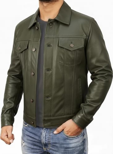 Image of Leather Trucker Jacket Men - Real Lambskin Shirt Style Vintage Fashion Mens Leather Jacket