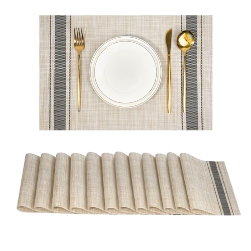 flohar Placemats Set of 12，Non-Slip PVC Weave Table Mats Easy to Clean，Heat Resistant Place Mats for Kitchen Dining Table Decoration Indoor Outdoor，Khaki Gray