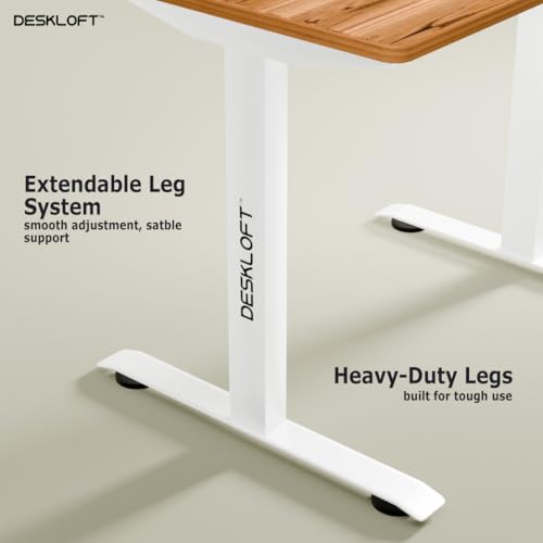 Image of Manual Height Adjustable Desk | Ergonomic Sit Stand Workstation with Walnut Wood Grain Top | Hand Crank Adjustable Computer Table for Home Office (White Frame & Brown Top, 1200 x 600 mm)