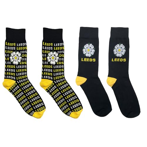 2 Pairs Leeds Football Fans Cotton Rich Socks UK 7-11 – Yorkshire Rose Design – Soft, Durable & Comfortable Leeds Socks - Two Pair Set