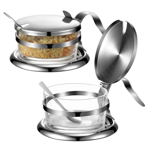 Honeydak 2 Set Stainless Steel Endurance Salt Server with Spoon Salt Cellar with Spoon Containers for Countertop, Seasoning Storage for Kosher, Sea, Candy, Pepper, Heavyweight Seasoning Jar