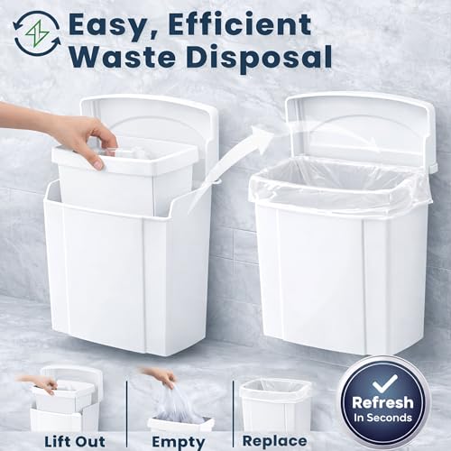 Image of Alpine Sanitary Napkin Receptacle - Feminine Hygiene Disposal Container, Wall Mounted Trash Can with Odor Control Seal & Installation Hardware (White)