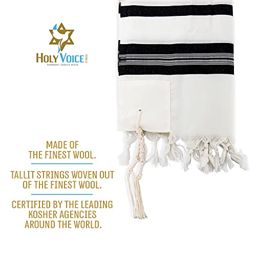 Image of HOLY VOICE 100% Wool Tallit Prayer Shawl Kosher Certified White with Stripes for Men, Made in Israel w / 100% Wool Tzitzit