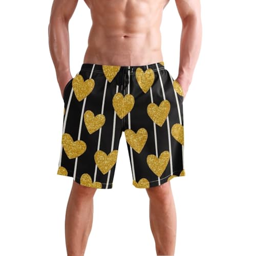 ODAWA Gold Hearts Stripes Black Mens Bathing Trunks Casual Elastic Waist Drawstring Summer Beach Shorts S3