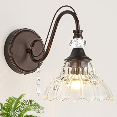 Image of 1 Piece Oil Rubbed Bronze Finish Wall Sconce, 1-Light Modern Wall Sconce with Hanging Crystal Accents and Flower-Shaped Clear Shades for Bathroom Bedroom Living Room,Modern Vanity Light