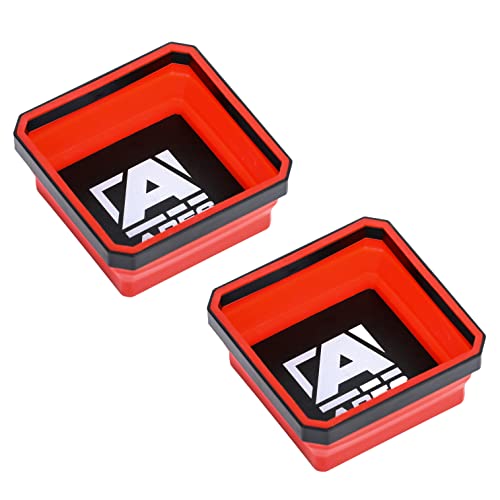 ARES 61008 2-Piece Red Collapsible Silicone Bowl Set 4.25-Inch Square Bowls with Magnetic Base Stores and Organizes Small Parts and Tools Magnetic Tool Tray Set