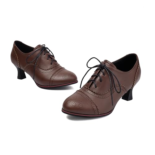 Womens Chunky Low Heel Oxford Pumps Kitten Heel Lace Up Pumps2