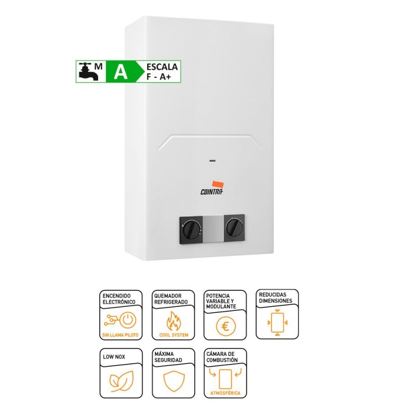 Cointra 6 l Butan Durchlauferhitzer Warmwasserboiler ohne Batterie/Ext-Flamme, Klasse A+ Automatik durch Batterie LOW NOX ATMOSFERICO nicht im Lieferumfang enthalten
