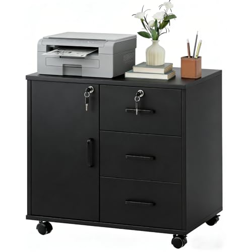 LEMROE Black Mobile File Cabinet with Lockable Cabinet and 3-Drawer Lateral Filing Cabinet for Documents Printer Stand Home Office