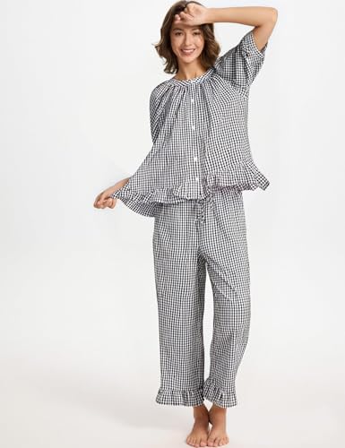 Image of Gihuo Gingham Pajama Set for Women 2 Piece Plaid Cotton Button Down Top and Pants Ruffle Babydoll Pjs Lounge Sets