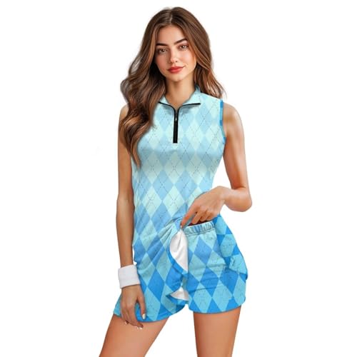 Drnuikhe Blue Gradient Argyle Print 2-In-1 Women'S Golf Skort Set Outer Skirt With Attached Compression Shorts Matching Sports Top Available (Blue Set)