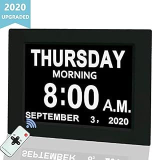 Digital Calendar Alarm Day Clock, 8" Large Screen Display, with 5 Alarm Options