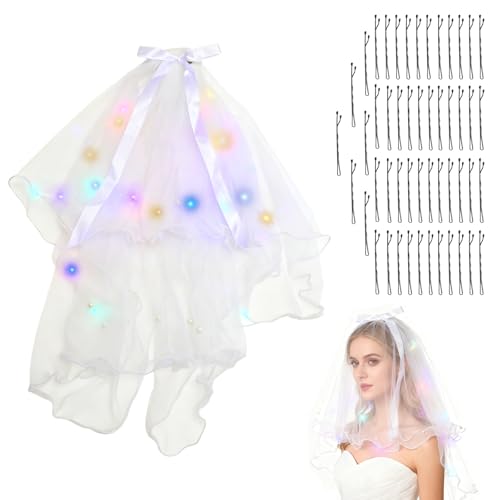 TNSLAND Velo de novia LED con 50 clips de estilo, suave y corto, velo de novia para fotografía, bodas, propuestas de matrimonio, JGA